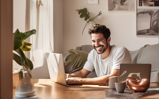 Mann sitzt vor seinem Laptop in seinem Zuhause